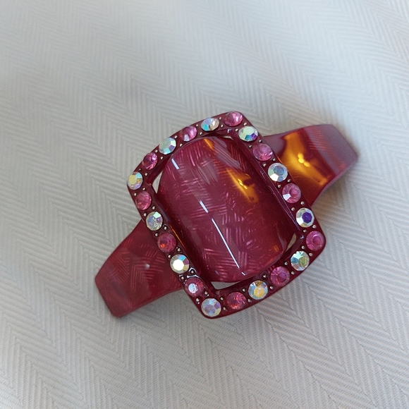 Vintage Barrette Bobby Pin  Clip Paris Dark Pink Lucite Rhinestones 1990s - Picture 2 of 5